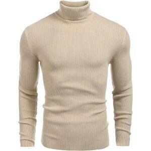 Coofandy Khaki Mens Ribbed Slim Fit Knitted Pullover Casual Turtleneck Sweater
